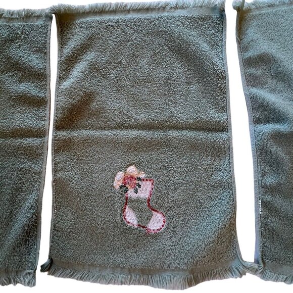 VTG Christmas Holiday Hand Towels 100% Cotton Stitched Green Set of 3 Embroidery - Picture 12 of 16